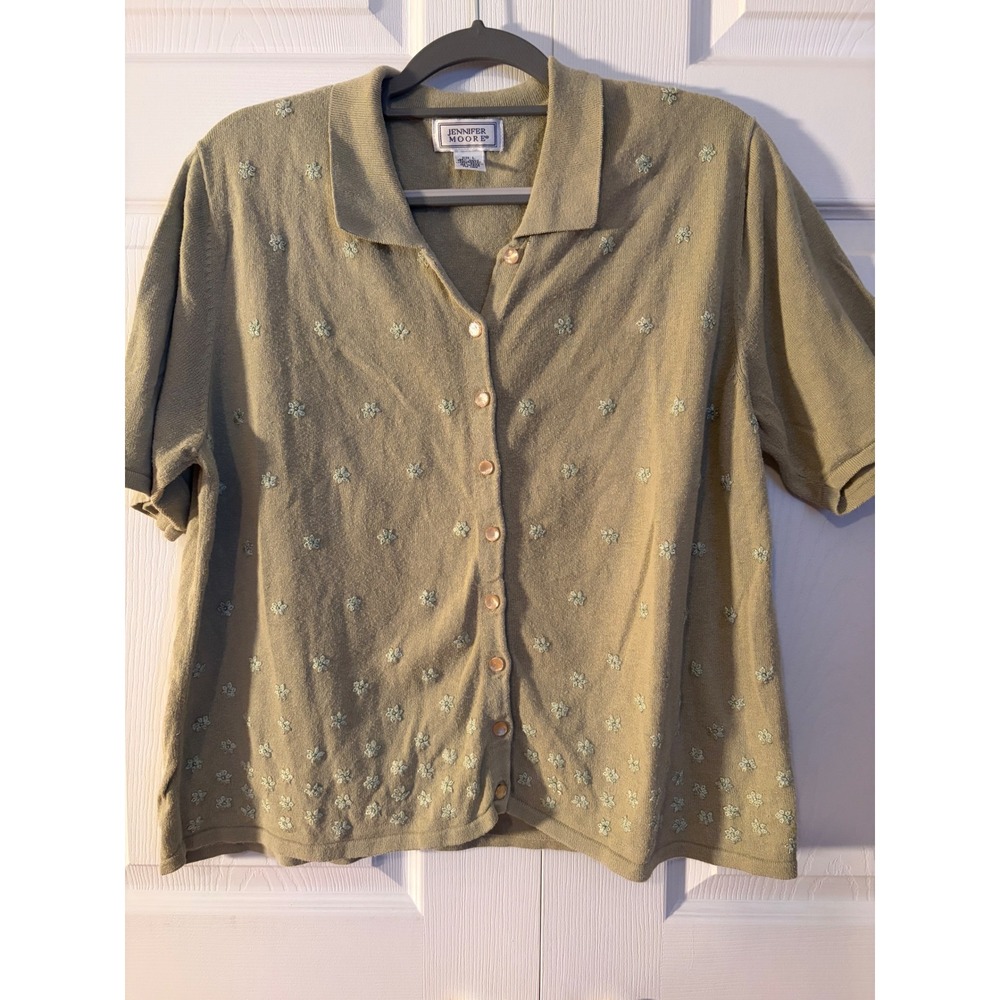 Jennifer Moore Vintage Sage Green Floral Embroidered Button Front Cardigan L